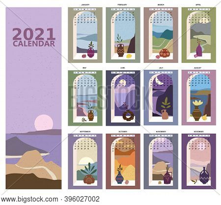 2021 Calendar Minimalistic Window View Landscape Natural Backgrounds Of Four Seasons. Winter Wonderl