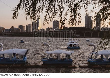 Seoul,south Korea-september 2020: Duck Boat Ride At Hangang River With Building City View