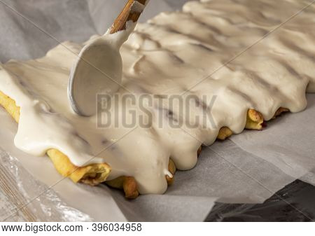 Woman Preparing Cherry Pie With Sour Cream At Home