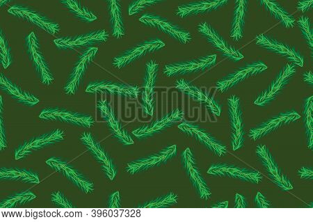 Christmas Seamless Pattern With Fir Branches Isolated On Green Background. Winter, Christmas And New