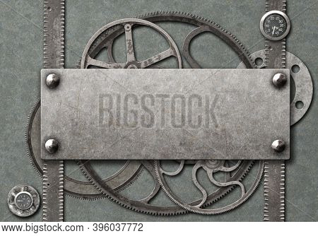 Grunge background in steampunk style. Texture of old metal with rivets and rusty frame. Mock up tempalte. Copy space for your text