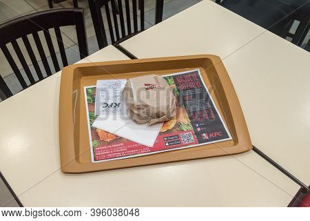 Prague, Czech Republic - July 9, 2020: Grander Texas Burger At Kfc (kentucky Fried Chicken) Restaura