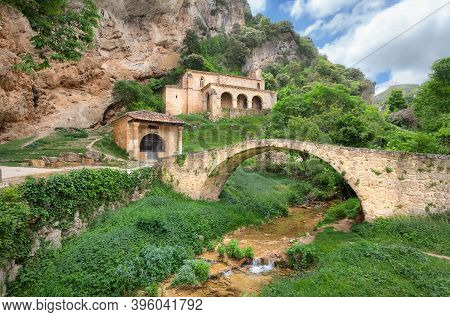 Tobera, Spain. Ancient Roman Bridge And Chapel Ermita De Santa Maria De La Hoz