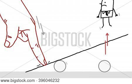 Hand Drawn Big Human Finger Pushing On A Teeter Board, And Bumping Off A Cartoon Man