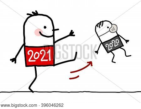 Hand Drawn Cartoon Big 2021 Man Kicking Out A Small 2020 With Mask