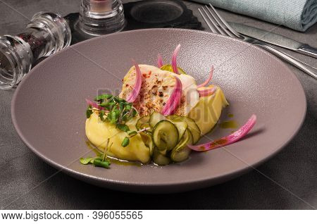 Seared Chicken Fillet With Mashed Potatoes, Onions And Broken Cucumbers