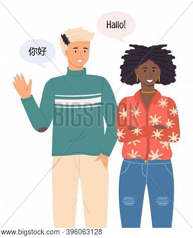 International Nationality Race Man Waving Hand, African-american Girl Gesturing Saying Hello, People