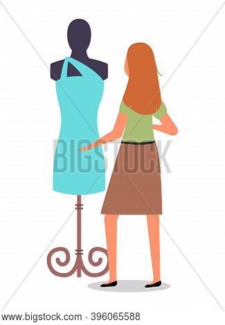 Female Character Is Buying Clothes At Store. Woman Is Looking At Mannequin Ahd Touching Clothing. Th