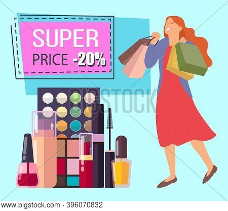 Super Price Announcement. Twenty Percent Discount. Woman With Shopping Bags Is Smiling Happily. Youn