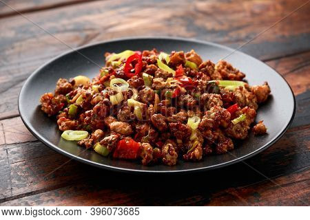 Chilli Beef Mince, Ready To Eat In Black Plate.