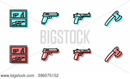 Set Line Desert Eagle Gun, Hunting Shop Weapon, Pistol Or And Wooden Axe Icon. Vector