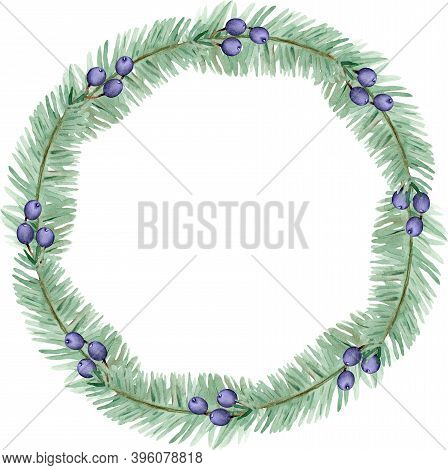 Watercolor Winter Pine Branches And Blue Berries Wreath. Christmas Holiday Frame. New Years Card Tem