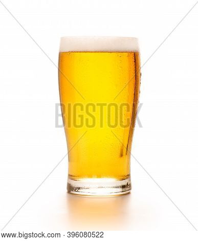 Favorite Craft Drink For Client During Beer Festival. Full Cold Glass Goblet Of Light Craft Lager Wi