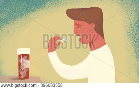 Man Is Being Treated For Illness, Disease Prevention. Taking Pills For Headache, Antibiotic, Vitamin