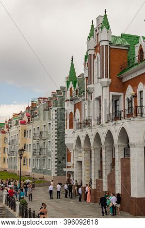 Yoshkar-ola, Mari El, Russia 30 July 2020: Arkhangelskaya Sloboda Quay Bruges Flemmish Dutch Houses,
