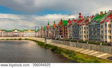 Yoshkar-ola, Mari El, Russia 30 July 2020: Arkhangelskaya Sloboda Quay Bruges Flemmish Dutch Houses 