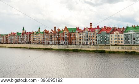 Yoshkar-ola, Mari El, Russia 30 July 2020: Arkhangelskaya Sloboda Quay Bruges Flemmish Dutch Houses.