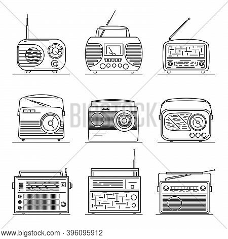 Set Of Simple Vector Images Of Retro Transistor Radio Drawn In Art Line Style.