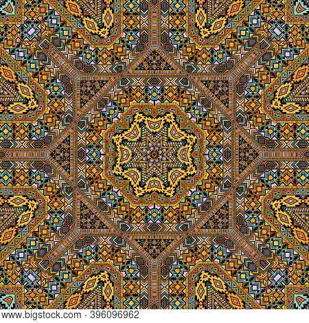 Modern Seamless Pattern Of Simple Geometry Shapes Composition. Ethnic African Design. Batik Print. S
