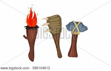Stone Age Hunting Weapons With Torch Stick And Hatchet Vector Set
