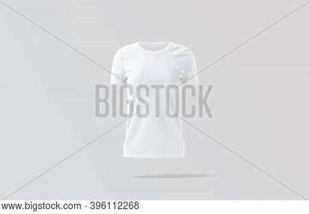 Blank White Women T-shirt Mock Up, Gray Background, 3d Rendering. Empty Basic Female Clothes Model M