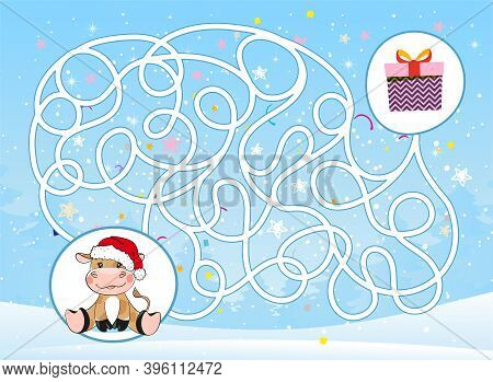 Help The Bull Find His Way To Gifts For The New Year 2021. Maze For Children, Puzzle, Educational Ga