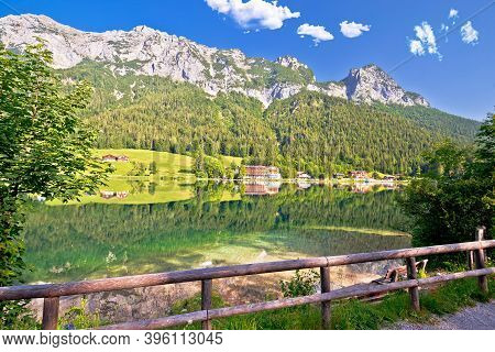 Hintersee Lake In Berchtesgaden Alpine Landscape Mirror View, Bavaria Region Of Germany