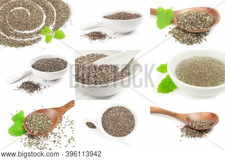Collage Of Chia Seeds Isolated On A White Background