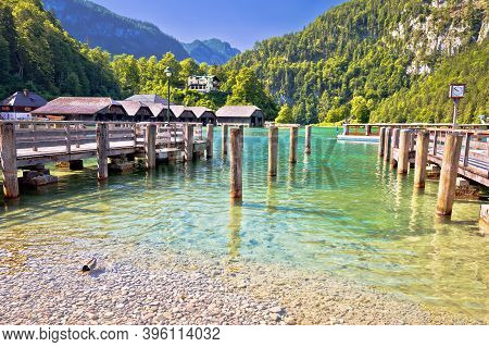 Konigssee Alpine Lake Coastline View, Berchtesgadener Land, Bavaria, Germany