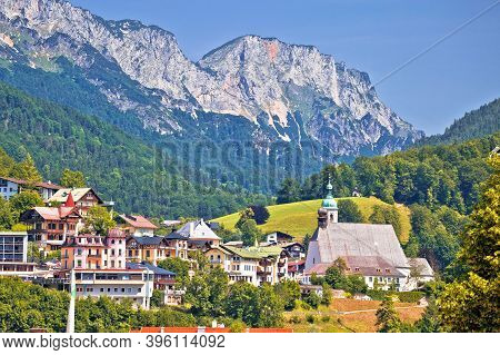 Town Of Berchtesgaden And Alpine Landscape View, Bavaria Region Of Germany