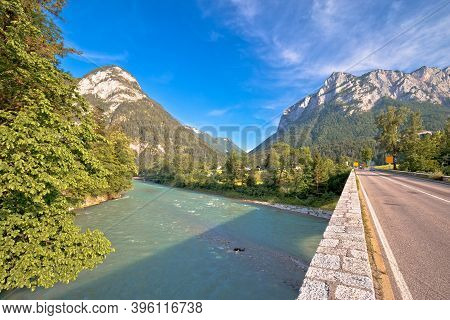 Alpine Road And Saalach River In Bavarian Alps View, Schneizlreuth In Southern Germany