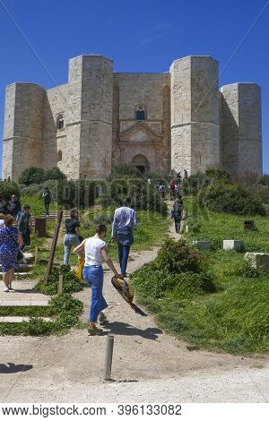 Castel Del Monte, Italy - April 24, 2019: People Visit Famous Castel Del Monte I Apulia, Italy.