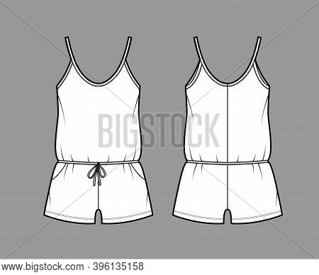 Teddy Romper Bodysuit Technical Fashion Illustration With Scoop Neck, Shirred Shorts. Flat One-piece