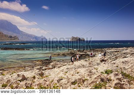 Gramvousa - Balos, The Crete Island, Greece - June 4, 2019: The People On The Beach Of Gramvousa Isl