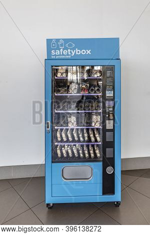 Faro, Portugal - June 20, 2020: Selling Masks In A Maschine Safetybox In Different Style  At Airport