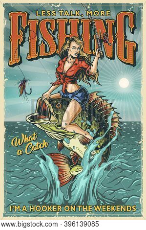 Fishing Vintage Colorful Poster With Pretty Woman Holding Fishing Rod And Sitting On Big Perch Which