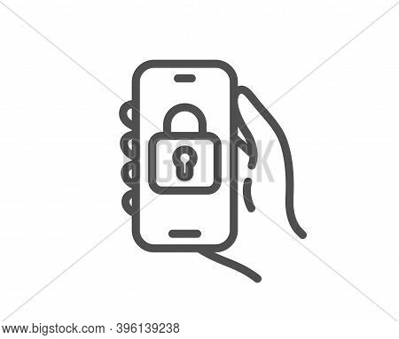 Locked App Line Icon. Hand Hold Phone Sign. Cellphone With Screen Notification Symbol. Quality Desig