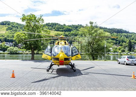 Zell, Germany - July 25, 2020:  Rescue Operation, German Rescue Helicopter, Adac, Christoph 77, On T