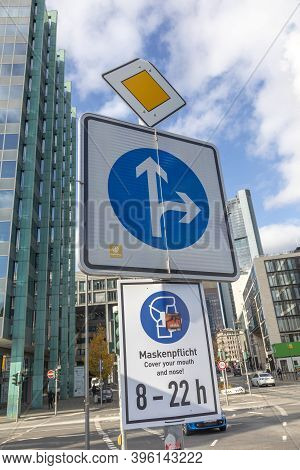 Frankfurt, Germany - October 24, 2020: Signage Cover Your Mouth And Nose (maskenpflicht) Downtown Fr