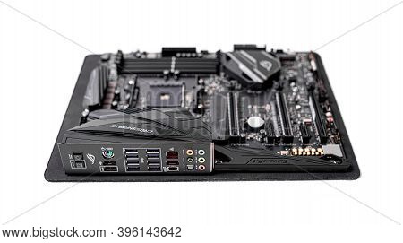 Uzhgorod, Ukraine - October 24, 2018: Box Of Motherboard Asus Rog Crosshair Vii Hero On White Backgr