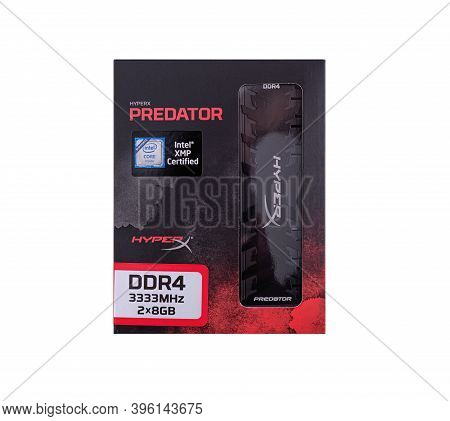 Uzhgorod, Ukraine - October 25, 2018: Box Of Random Access Memory Kingston Ddr4-3333 Hyperx Predator