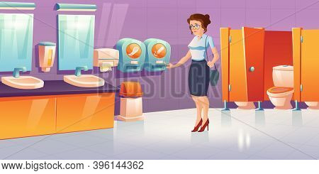 Woman In Public Toilet With Tampon And Pads Vending Machines. Vector Cartoon Interior Of Restroom, L