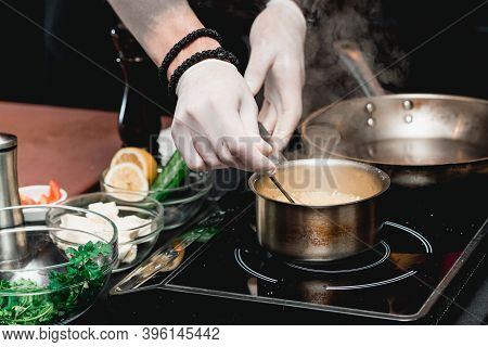 Hands Of Chef Making Healthy Fresh Fajitas Or Fajitos With Beef. Easy, But Tasty, Healthy. National 