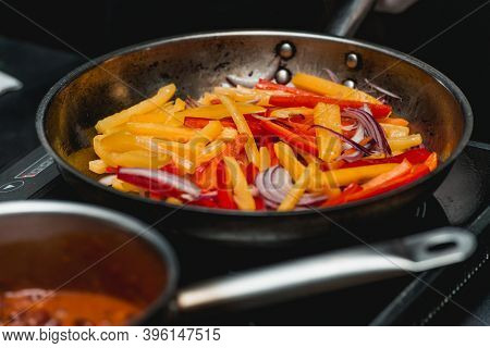 Chef Making Healthy Fresh Fajitas Or Fajitos With Beef. Easy, But Tasty, Healthy. National Mexican F