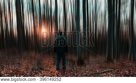 Young Man Standing In Autumn Forest From Back At Sunset Rays. Blured, Czech Landscape