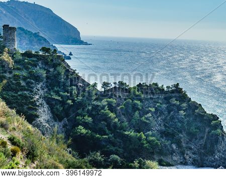 Coastal Landscape With Watchtower. Torre Del Pino, Pine Tower On Cliffs Of Maro Cerro Gordo Natural 