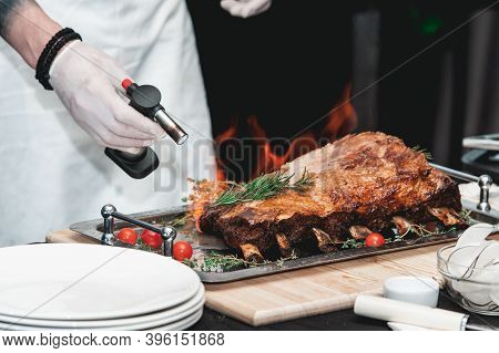 Homemade Bone-in Prime Rib Roast On Wooden Plank