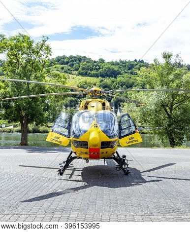 Zell, Germany - July 25, 2020:  Rescue Operation, German Rescue Helicopter, Adac, Christoph 77, On T