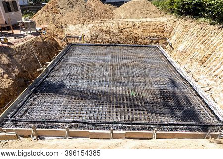 Kelkheim, Germany - July 23, 2020: Construction Site With Foundation With Water Resistance Concrete 