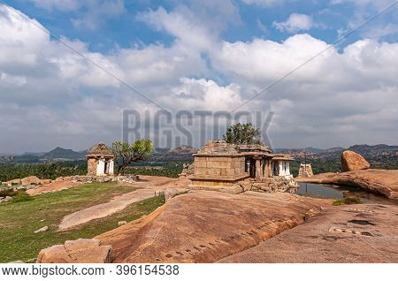 Hampi, Karnataka, India - November 4, 2013: Moola Virupaksha Temple Complex With Its White Painted P